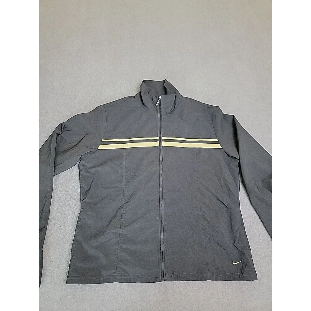 Nike Jacket Womens‎ L Black Stripe Full Zip  Pockets Lightweight Running Swoosh